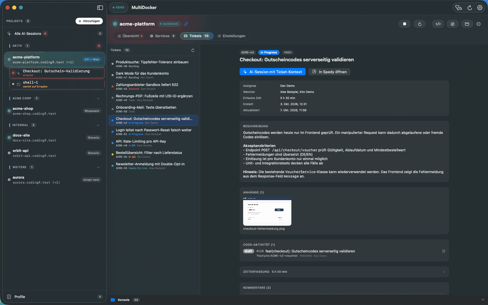 Tab Tickets eines Projekts: links eine Liste mit zehn Tickets eines Demo-Boards, rechts das Ticket ACME-42 mit Status In Progress, Priorität High, dem Button AI-Session mit Ticket-Kontext, Beschreibung mit Akzeptanzkriterien, einem Bild-Anhang und einem verknüpften Draft-Pull-Request