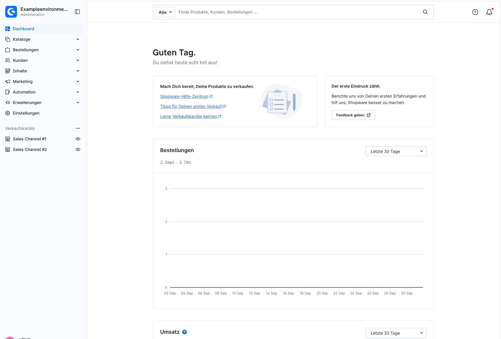 Dashboard der Shopware 6.7.15 Administration mit überarbeiteter Seitenleiste, zentraler Suche und Bestellübersicht