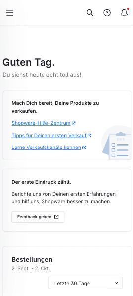 Shopware 6.7.15 Administration auf dem Smartphone mit eingeklapptem Menü