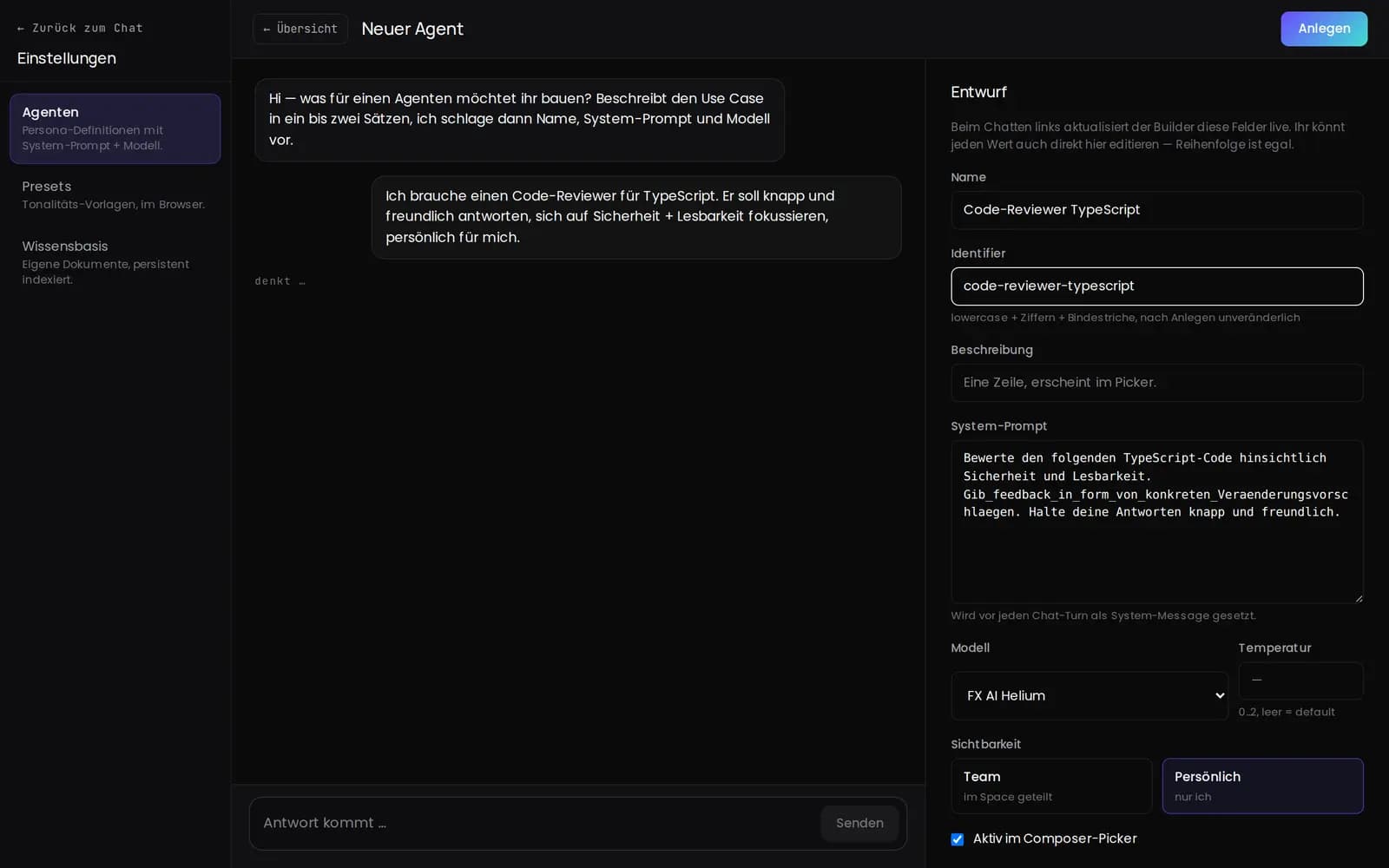 BaseGPT-Agenten-Builder: Im Chat beschriebener Use Case füllt Name, System-Prompt, Modell und Sichtbarkeit eines neuen Agenten