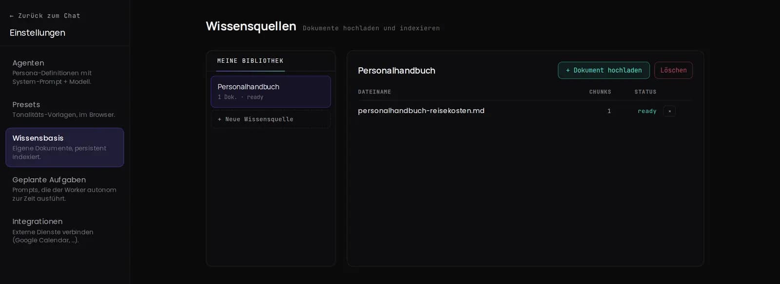BaseGPT-Einstellungen mit der Wissensquelle Personalhandbuch und einem indexierten Dokument