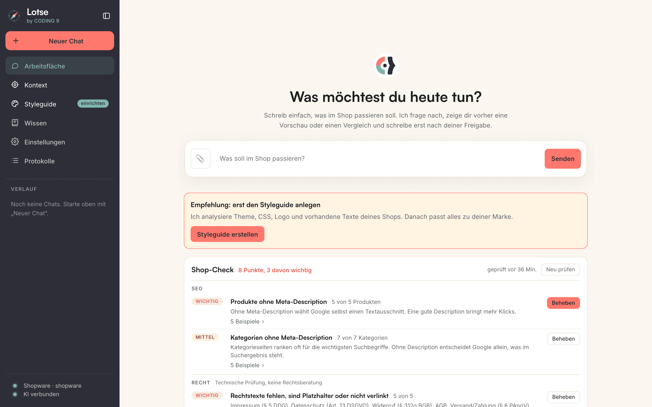 Lotse-Arbeitsfläche mit Chat-Eingabe, Styleguide-Empfehlung und Shop-Check mit Meta-Description-Lücken eines Demo-Shops