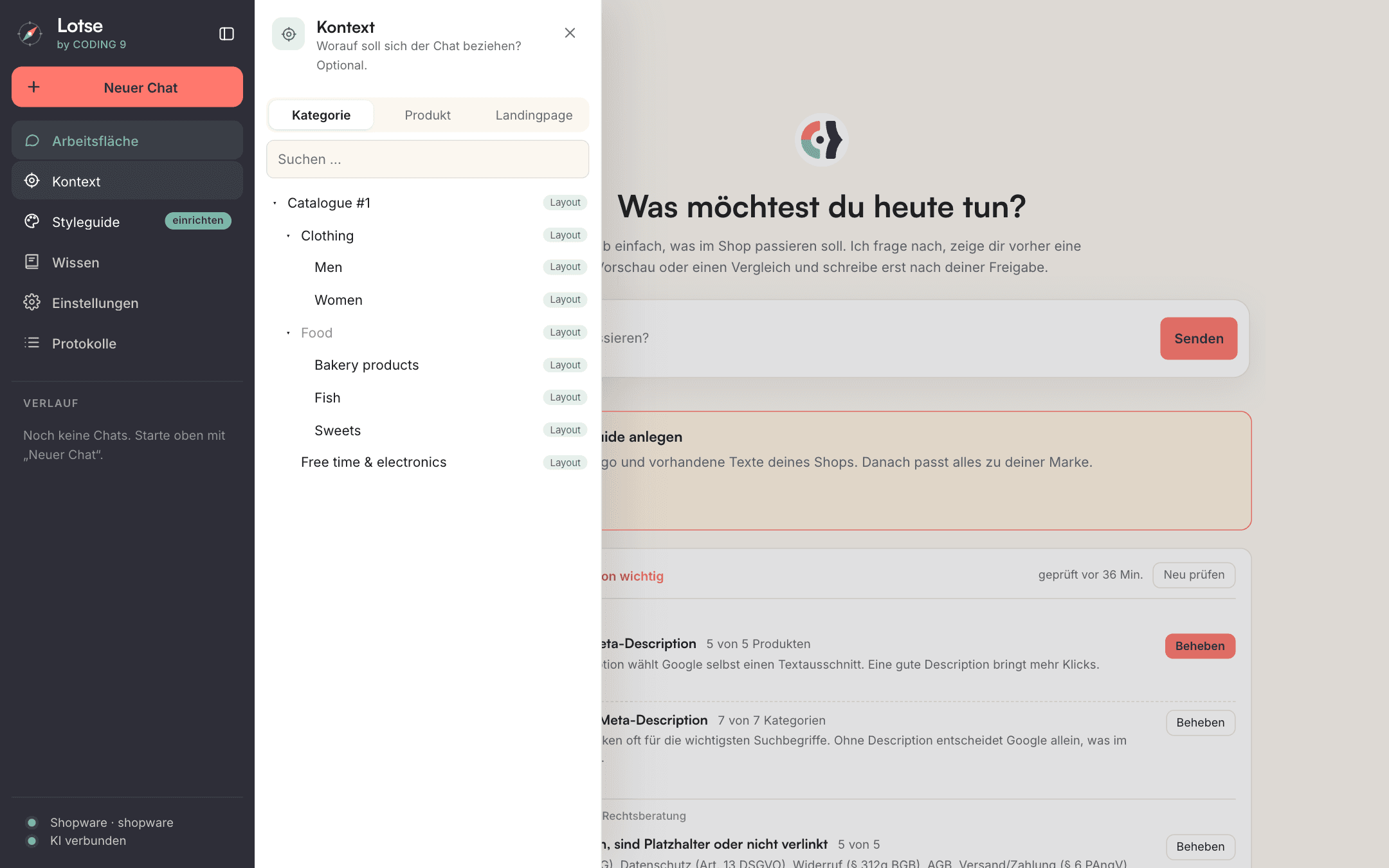 Lotse-Oberfläche mit geöffneter Kontext-Auswahl: Kategoriebaum eines Demo-Shops mit den Reitern Kategorie, Produkt und Landingpage