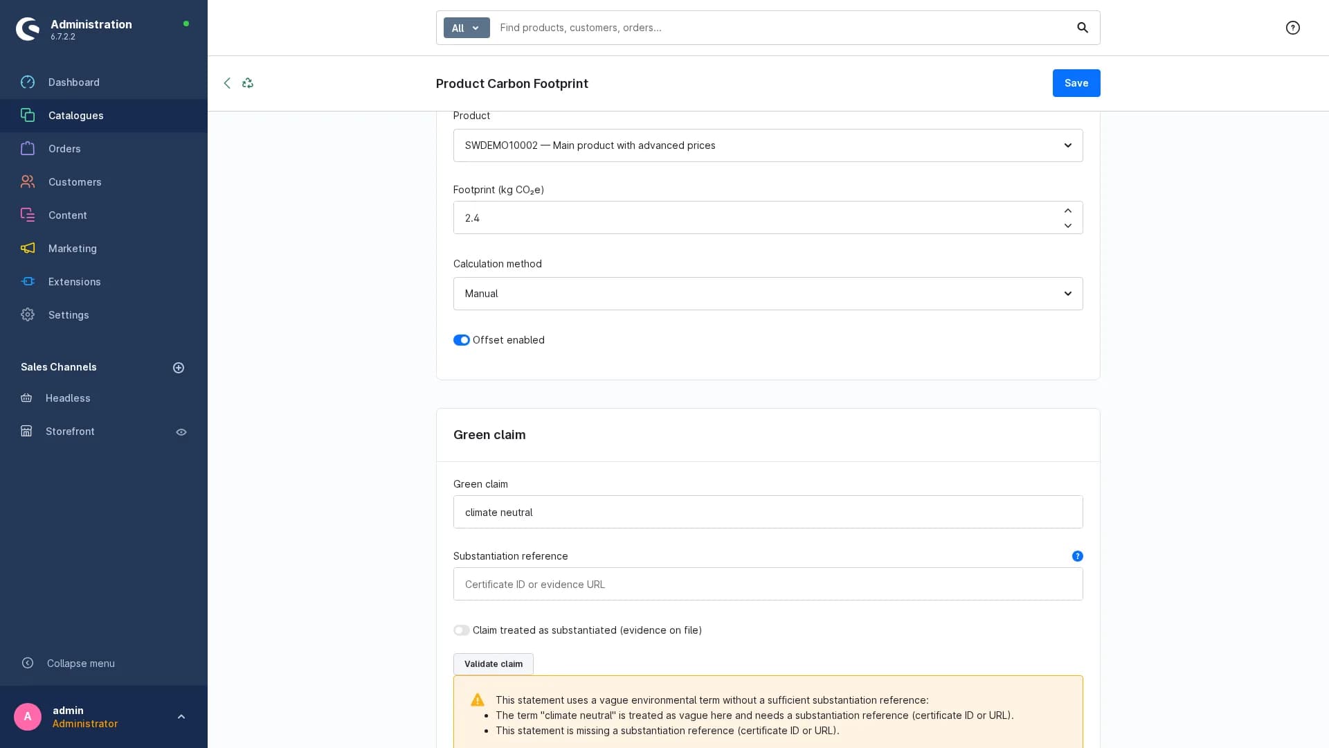 Shopware-Administration: Green-Claim-Feld mit „climate neutral“ ohne Nachweis-Referenz, die Prüfung meldet einen vagen Umweltbegriff