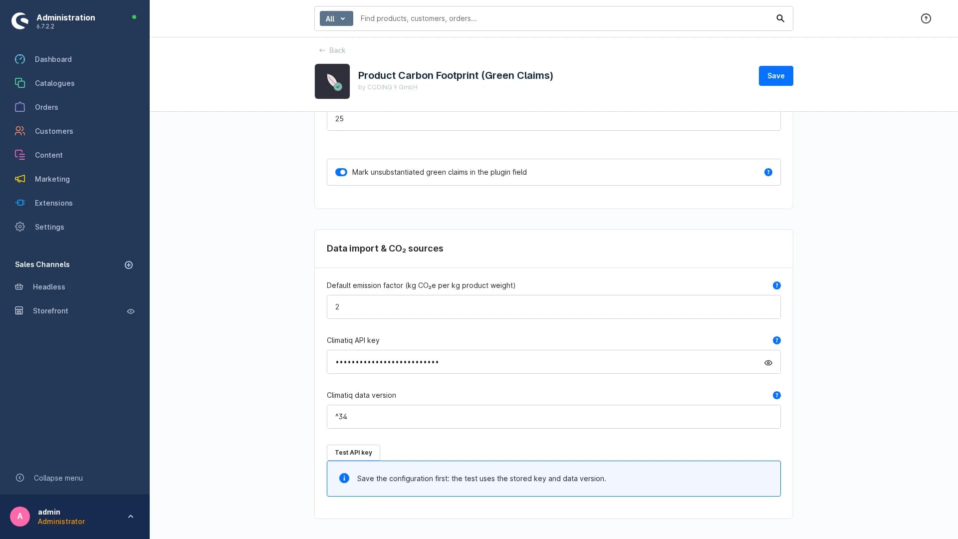 Karte Datenimport & CO₂-Quellen: Standard-Emissionsfaktor, Climatiq-API-Schlüssel und Button „API-Schlüssel testen“