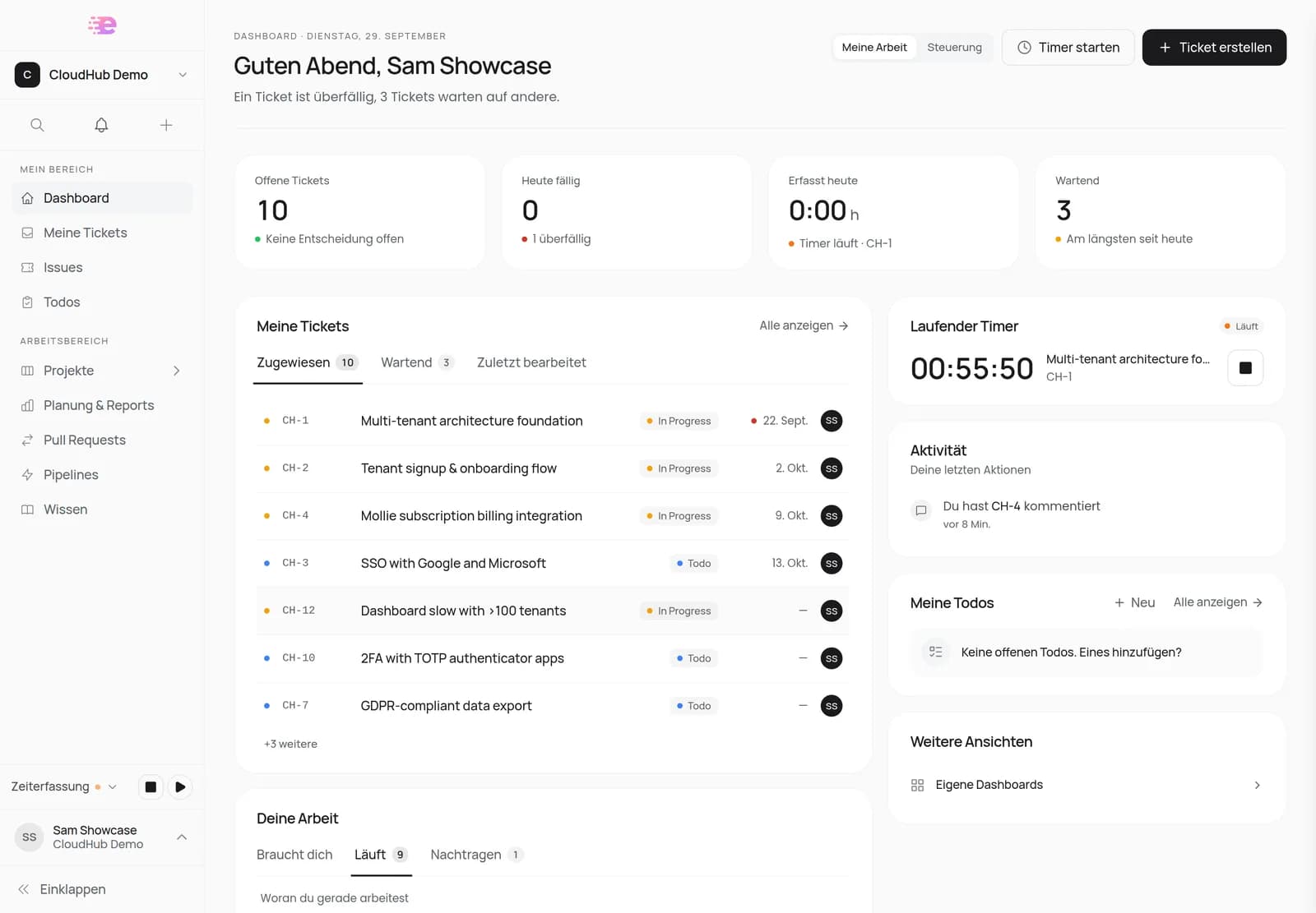 Spedy-Dashboard mit offenen Tickets, laufendem Timer, wartenden Tickets und der Liste der zugewiesenen Tickets