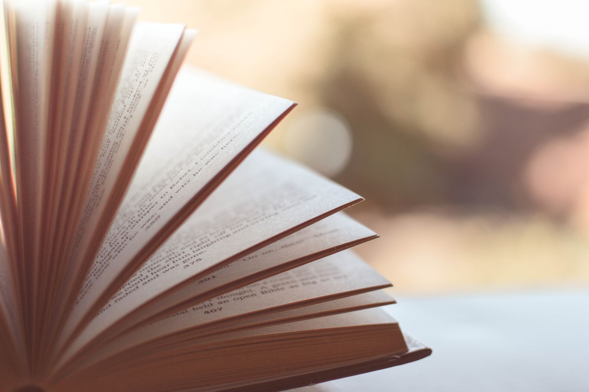 An open book with a blurry background
