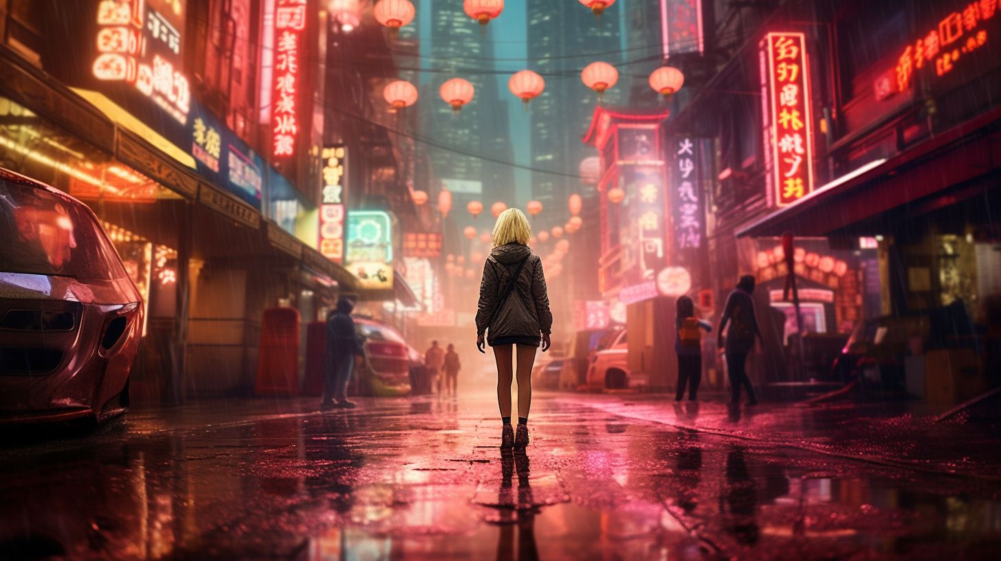 Margot Robbie as Barbie wandering through the streets of china town at midnight after heavy raining.